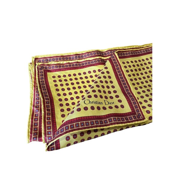 Vintage CHRISTIAN DIOR Scarf 100% Silk  18" Square Yellow Red Dots Pocket Square - Picture 1 of 4